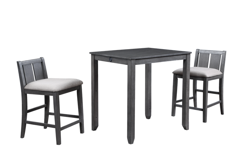 HESTON 36" STORAGE COUNTER TABLE SET W/2 CHAIRS-GRAY - Winder Mattress & Furniture