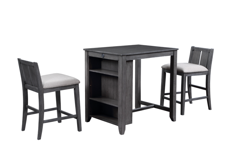 HESTON 36" STORAGE COUNTER TABLE SET W/2 CHAIRS-GRAY - Winder Mattress & Furniture