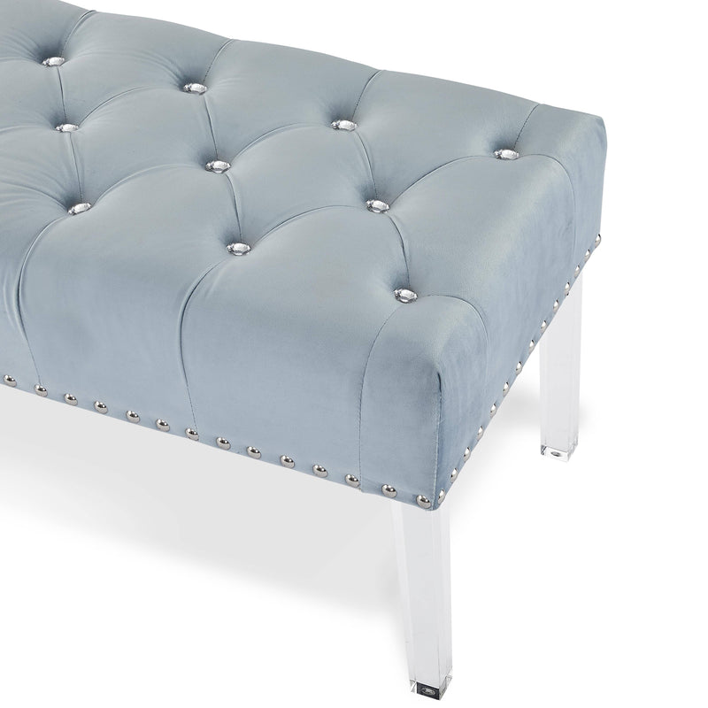 VIVIAN LIGHT BLUE VELVET BENCH WITH CRYSTAL BUTTONS - Winder Mattress & Furniture